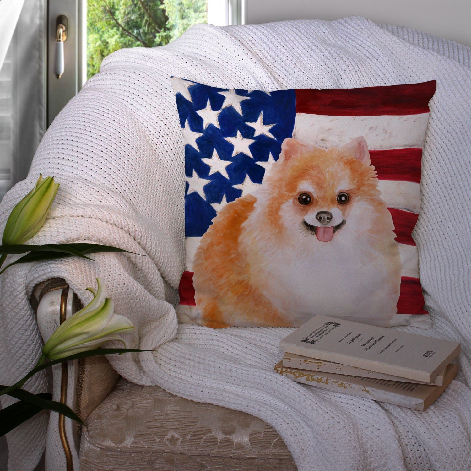 Pomeranian #2 Patriotic Decorative Throw Pillow 14x14 Indoor Outdoor Accent Cushion, Fabric Cover with Insert for Sofa, Bed, Porch & Living Room