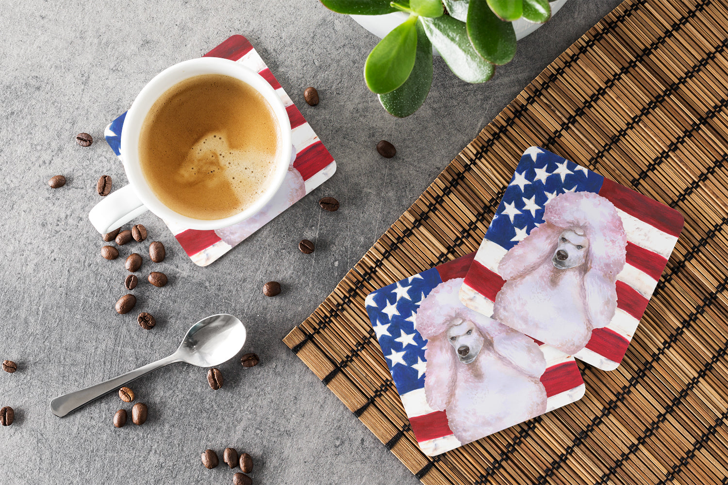 White Standard Poodle Patriotic Foam Coasters Set of 4 Cup Coasters for Indoor Outdoor, Tabletop Protection, Anti Slip, Mouse pad Material