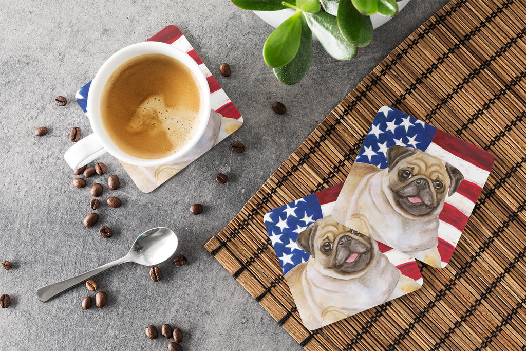 Fawn Pug Patriotic Foam Coasters Set of 4 Cup Coasters for Indoor Outdoor, Tabletop Protection, Anti Slip, Mouse pad Material