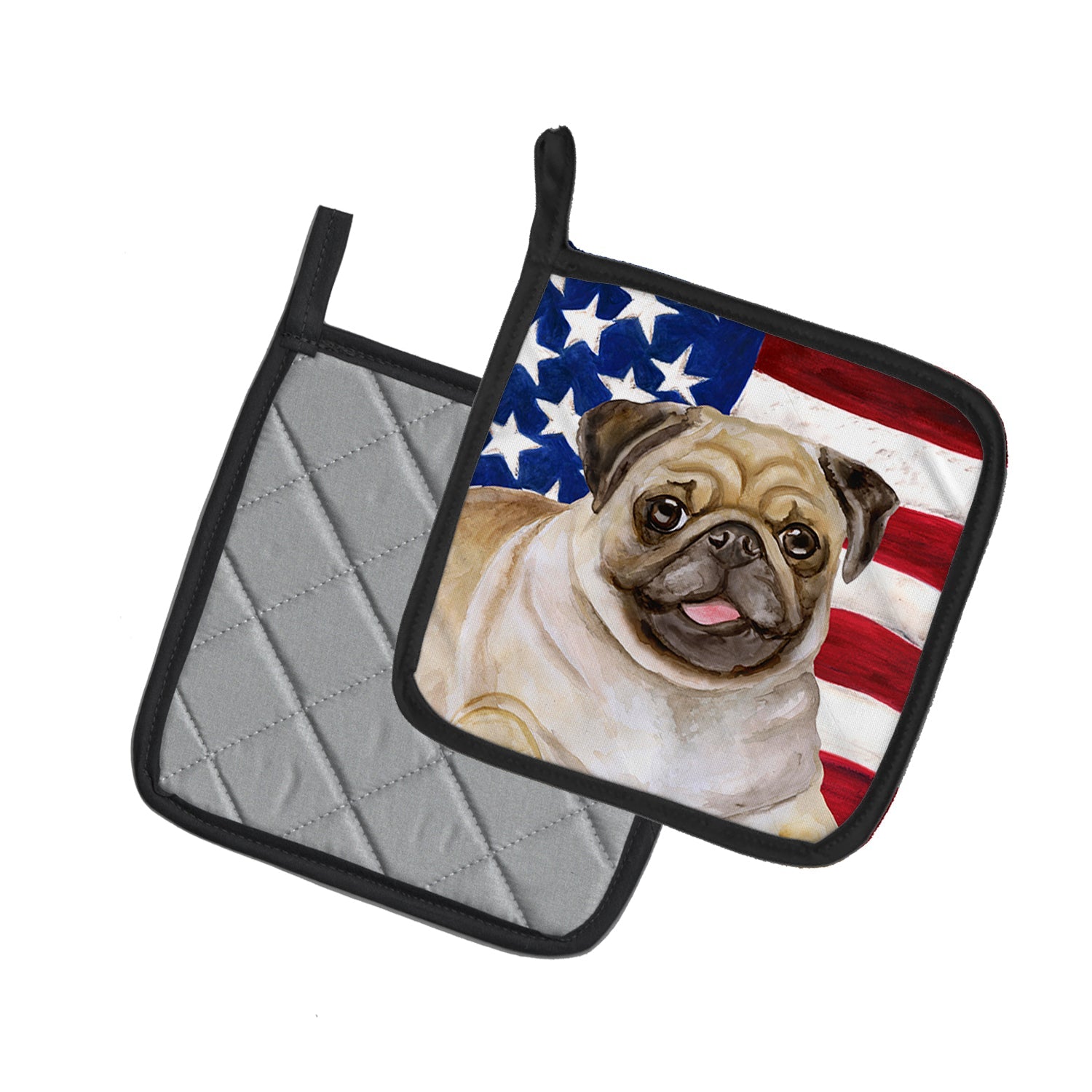 Fawn Pug Patriotic Pot Holder Set of 2 Heat Resistant Quilted Hot Pads 7.5 x 7.5 Inch, Insulated Kitchen Trivets for Cooking & Baking