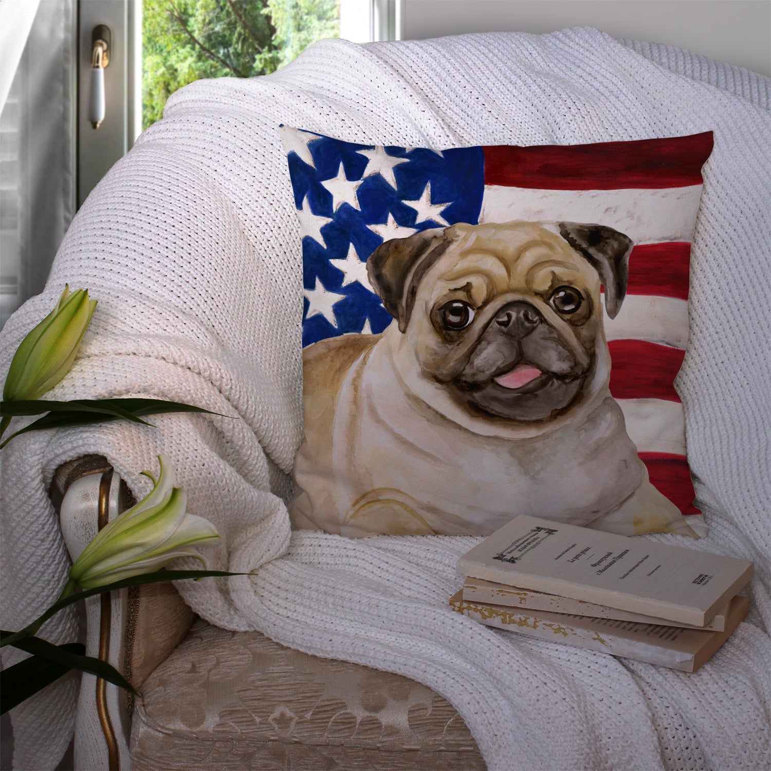 Fawn Pug Patriotic Decorative Throw Pillow 14x14 Indoor Outdoor Accent Cushion, Fabric Cover with Insert for Sofa, Bed, Porch & Living Room