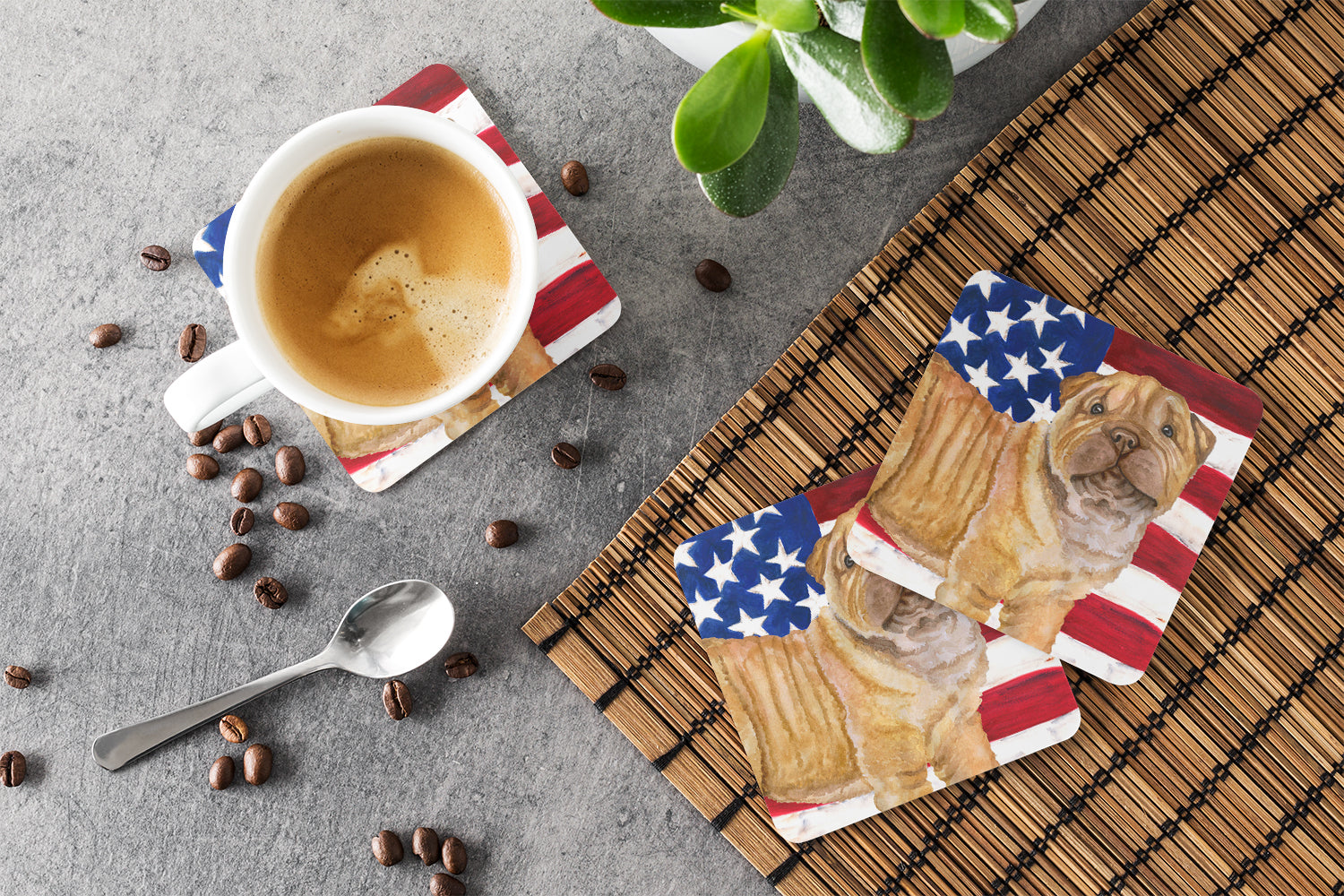 Shar Pei Puppy Patriotic Foam Coasters Set of 4 Cup Coasters for Indoor Outdoor, Tabletop Protection, Anti Slip, Mouse pad Material