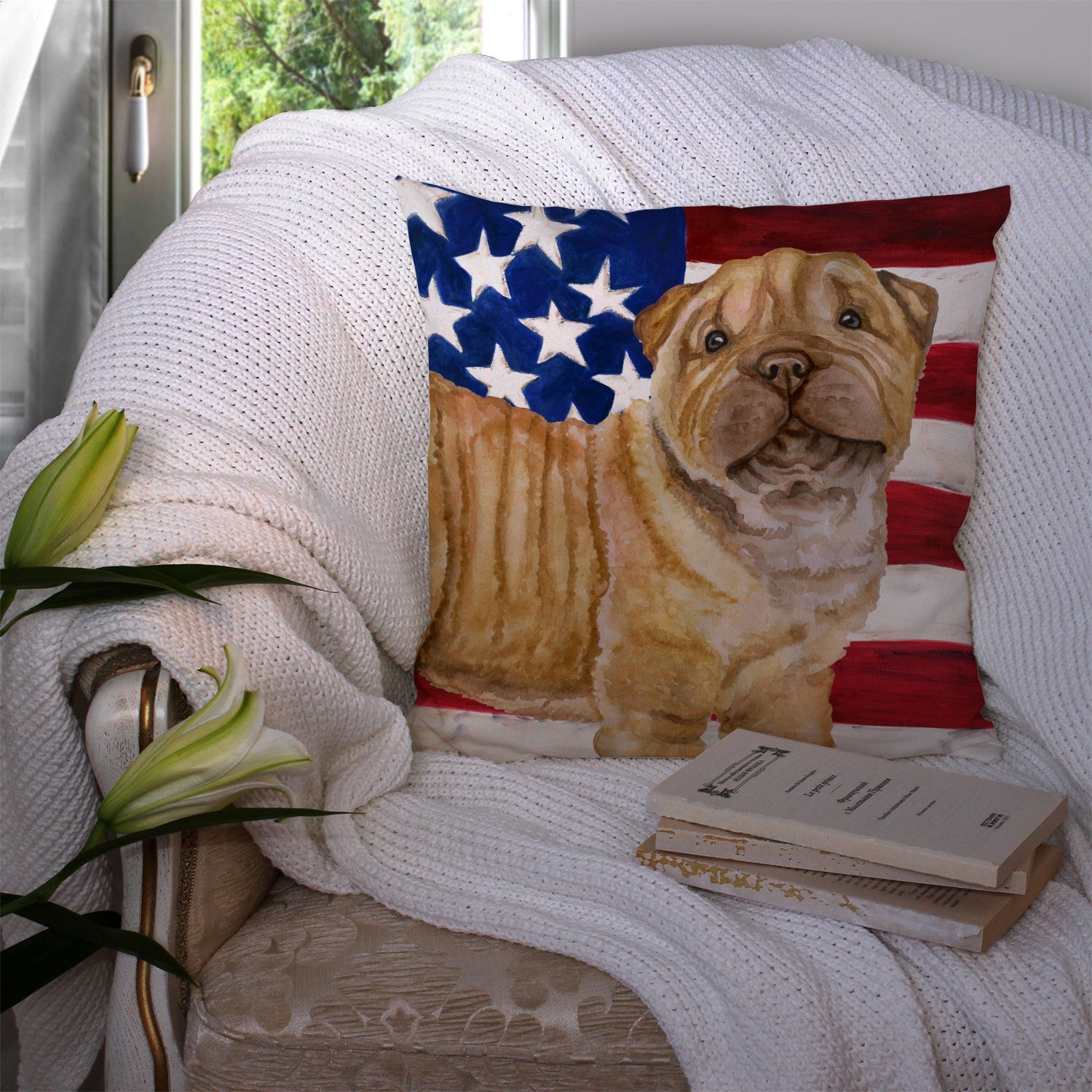 Shar Pei Puppy Patriotic Decorative Throw Pillow 14x14 Indoor Outdoor Accent Cushion, Fabric Cover with Insert for Sofa, Bed, Porch & Living Room