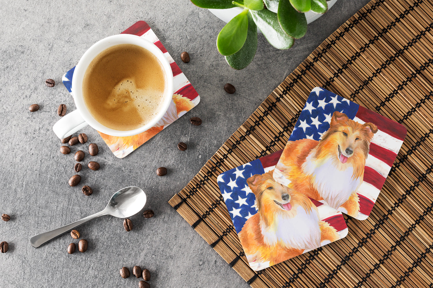 Sheltie Patriotic Foam Coasters Set of 4 Cup Coasters for Indoor Outdoor, Tabletop Protection, Anti Slip, Mouse pad Material
