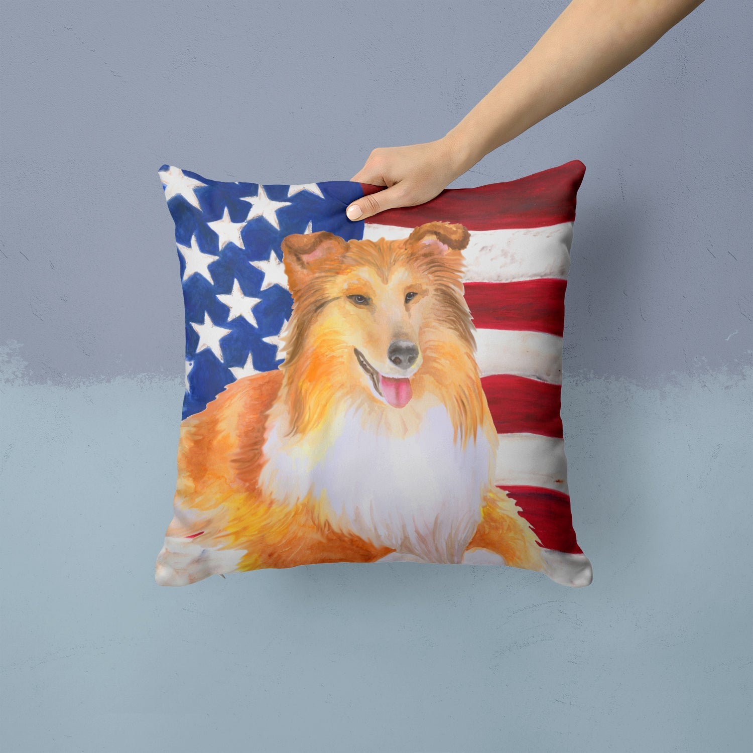 Sheltie Patriotic Decorative Throw Pillow 14x14 Indoor Outdoor Accent Cushion, Fabric Cover with Insert for Sofa, Bed, Porch & Living Room