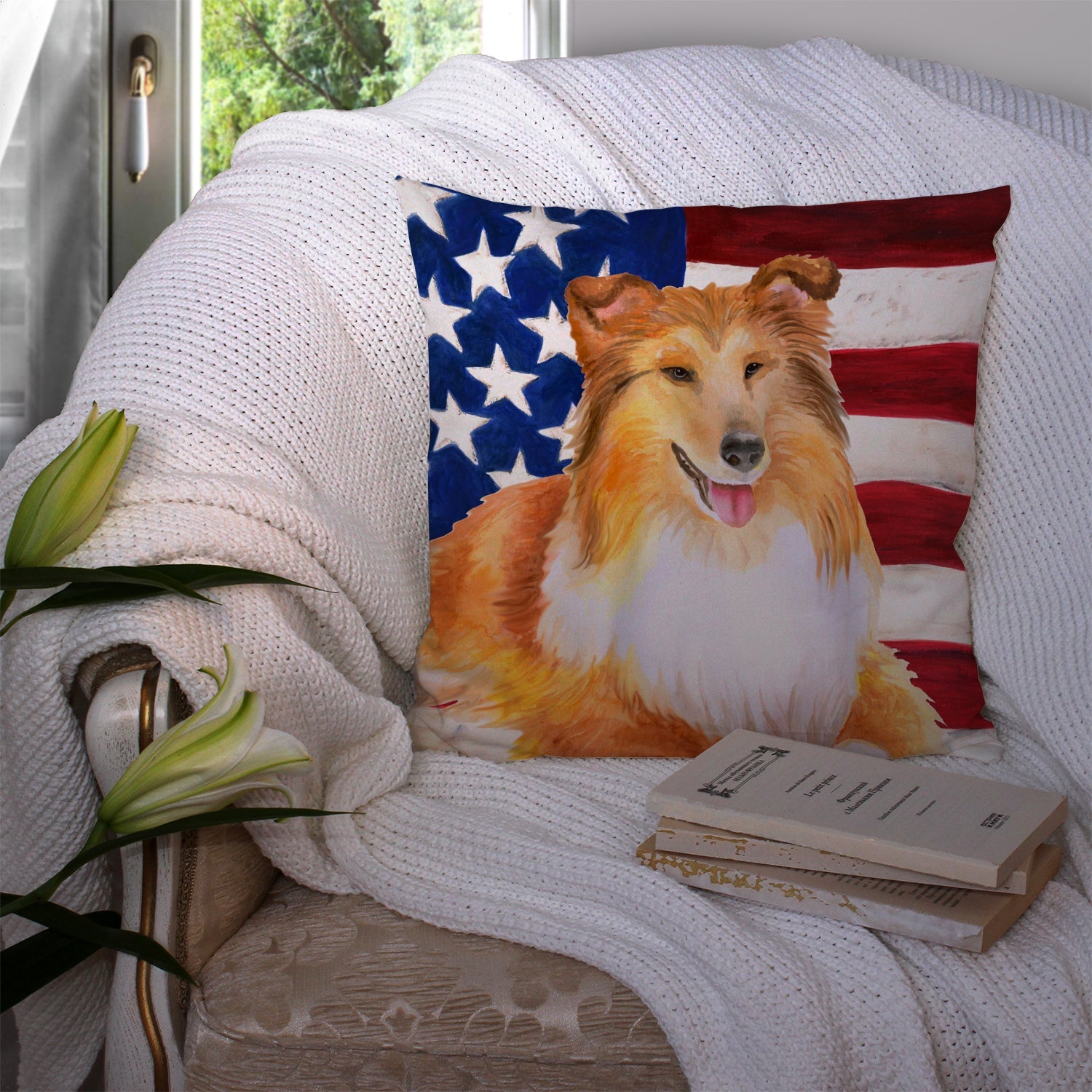 Sheltie Patriotic Decorative Throw Pillow 14x14 Indoor Outdoor Accent Cushion, Fabric Cover with Insert for Sofa, Bed, Porch & Living Room