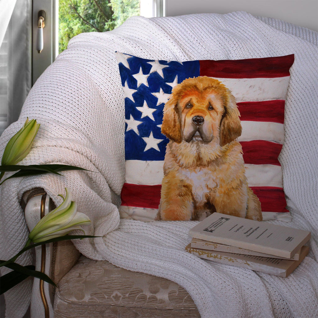 Tibetan Mastiff Patriotic Decorative Throw Pillow 14x14 Indoor Outdoor Accent Cushion, Fabric Cover with Insert for Sofa, Bed, Porch & Living Room