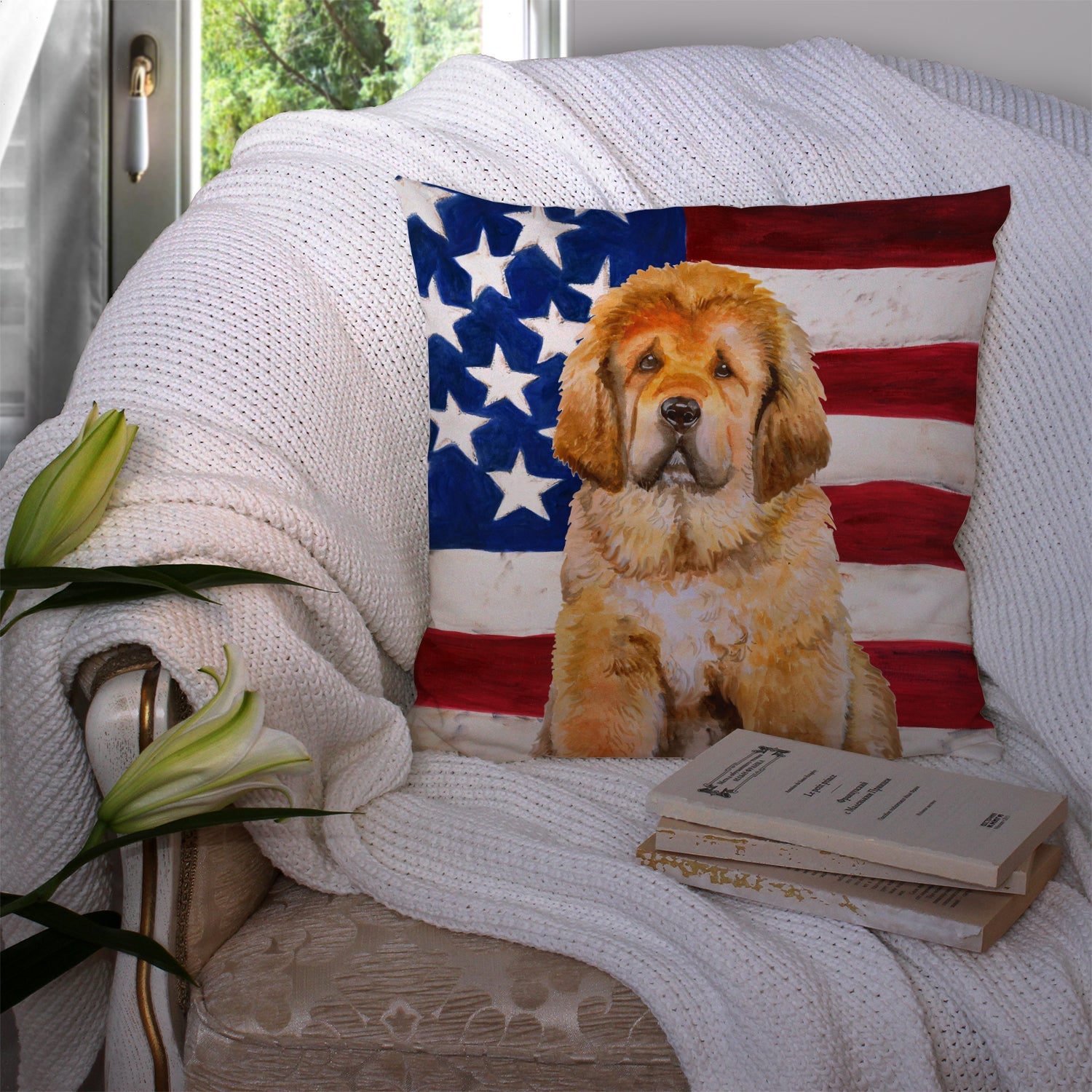 Tibetan Mastiff Patriotic Decorative Throw Pillow 14x14 Indoor Outdoor Accent Cushion, Fabric Cover with Insert for Sofa, Bed, Porch & Living Room