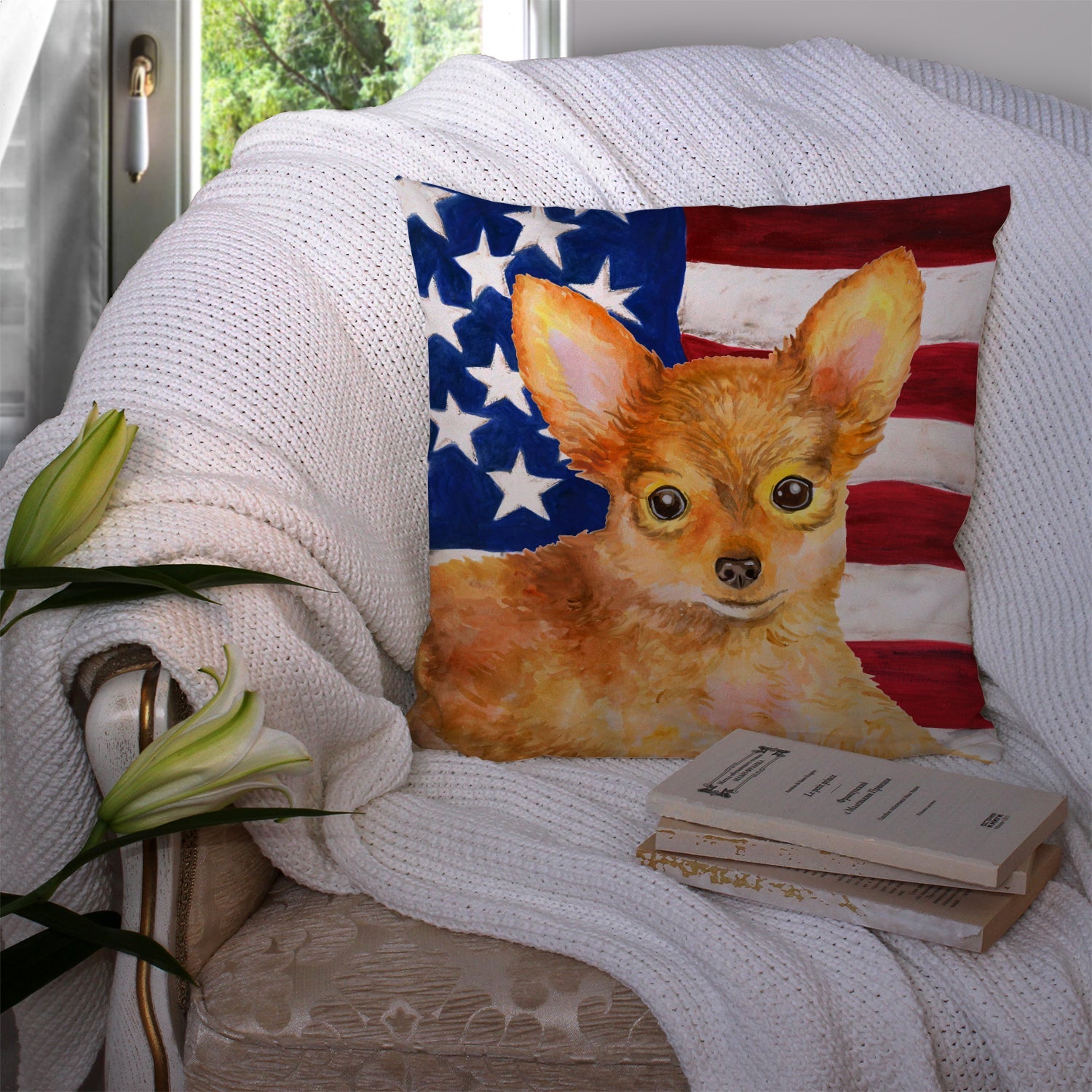 Toy Terrier Patriotic Decorative Throw Pillow 14x14 Indoor Outdoor Accent Cushion, Fabric Cover with Insert for Sofa, Bed, Porch & Living Room