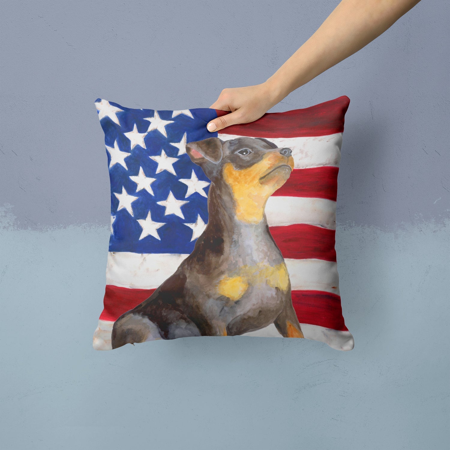 Miniature Pinscher #2 Patriotic Decorative Throw Pillow 14x14 Indoor Outdoor Accent Cushion, Fabric Cover with Insert for Sofa, Bed, Porch & Living Room