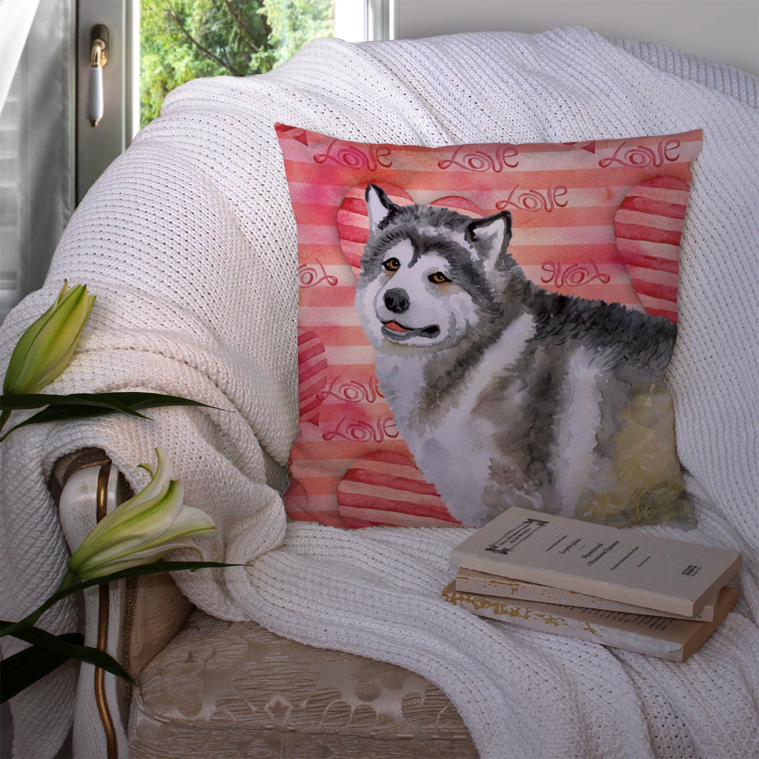 Alaskan Malamute Love Decorative Throw Pillow 14x14 Indoor Outdoor Accent Cushion, Fabric Cover with Insert for Sofa, Bed, Porch & Living Room