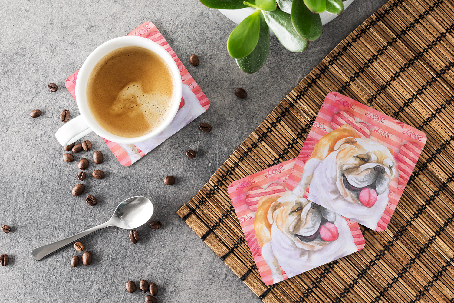 English Bulldog Love Foam Coasters Set of 4 Cup Coasters for Indoor Outdoor, Tabletop Protection, Anti Slip, Mouse pad Material