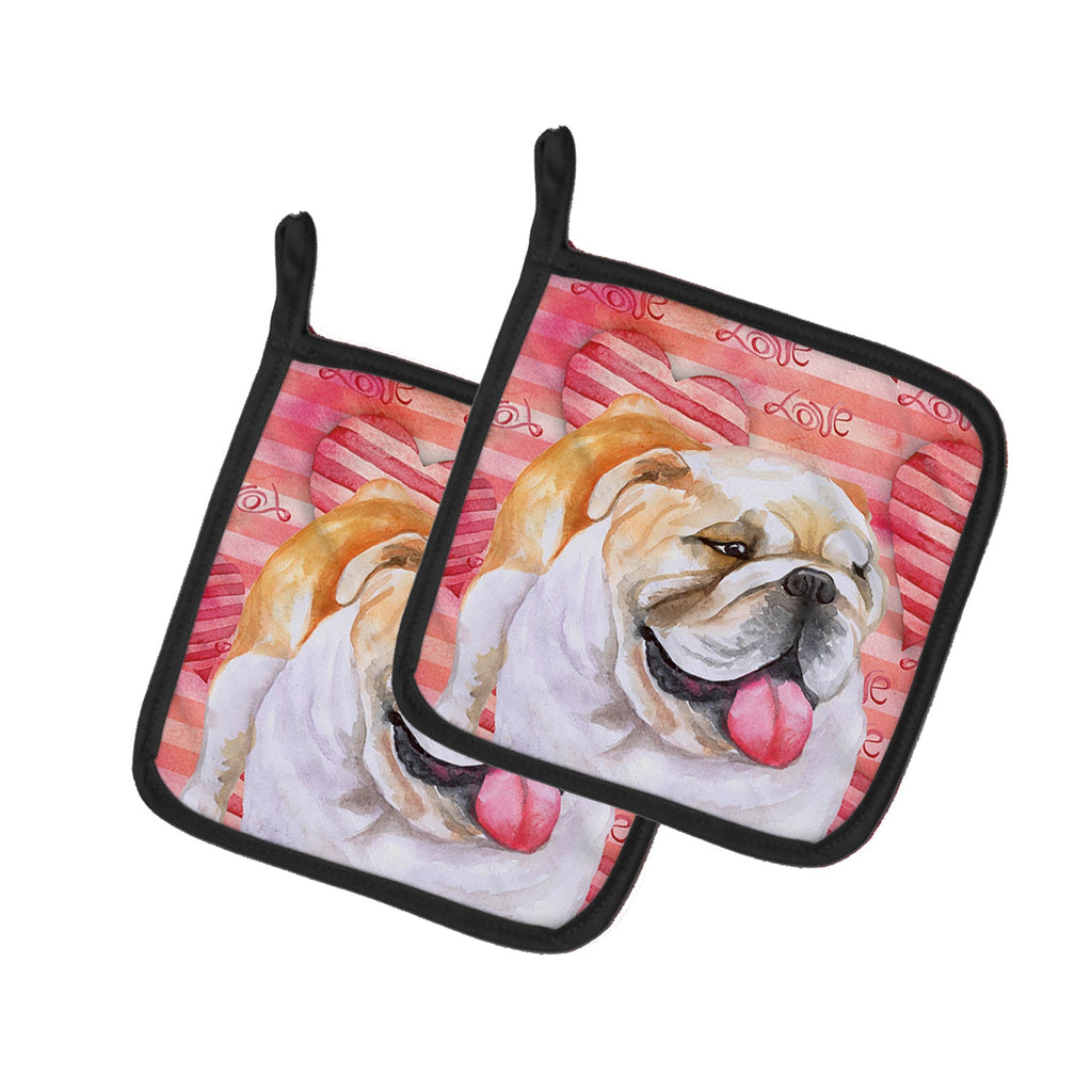 English Bulldog Love Pot Holder Set of 2 Heat Resistant Quilted Hot Pads 7.5 x 7.5 Inch, Insulated Kitchen Trivets for Cooking & Baking