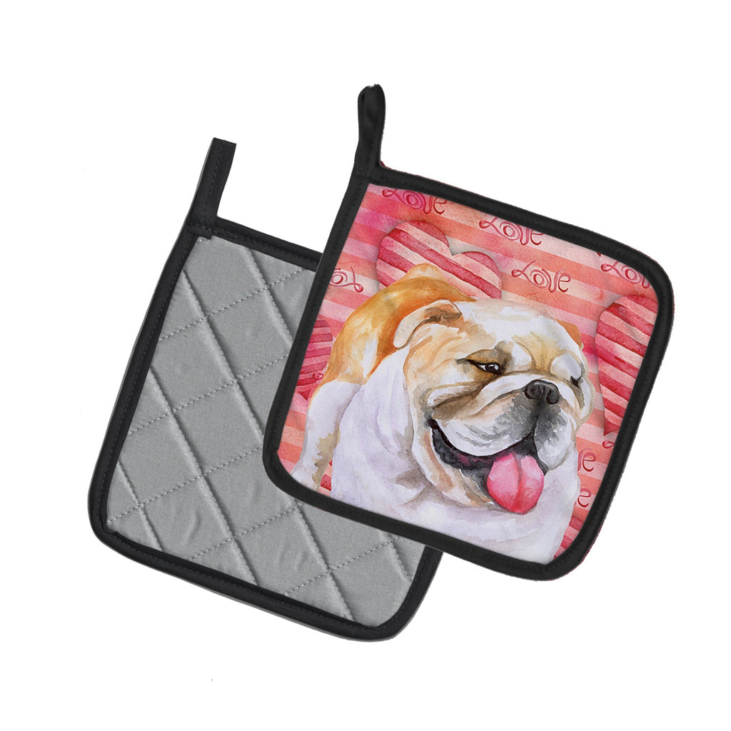 English Bulldog Love Pot Holder Set of 2 Heat Resistant Quilted Hot Pads 7.5 x 7.5 Inch, Insulated Kitchen Trivets for Cooking & Baking