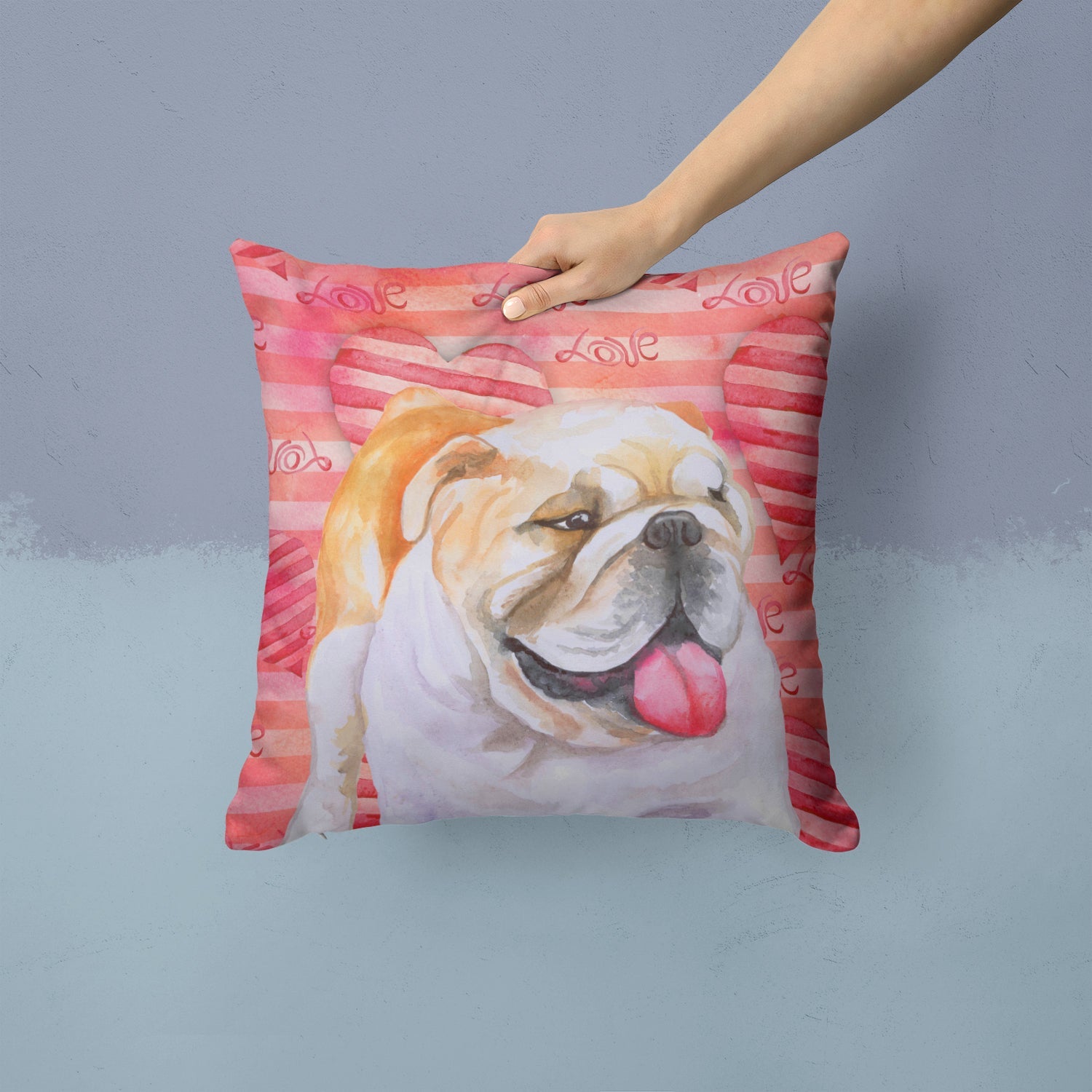 English Bulldog Love Decorative Throw Pillow 14x14 Indoor Outdoor Accent Cushion, Fabric Cover with Insert for Sofa, Bed, Porch & Living Room