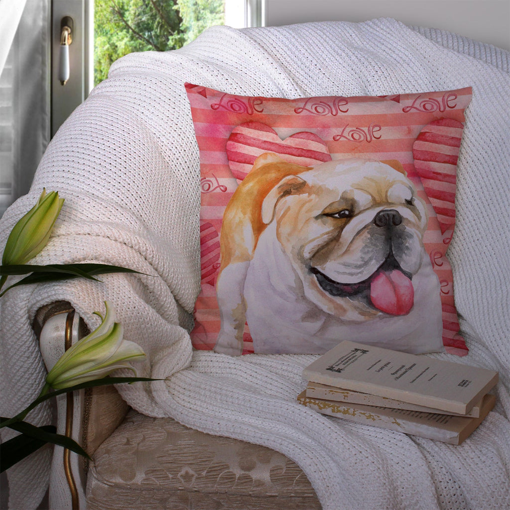 English Bulldog Love Decorative Throw Pillow 14x14 Indoor Outdoor Accent Cushion, Fabric Cover with Insert for Sofa, Bed, Porch & Living Room