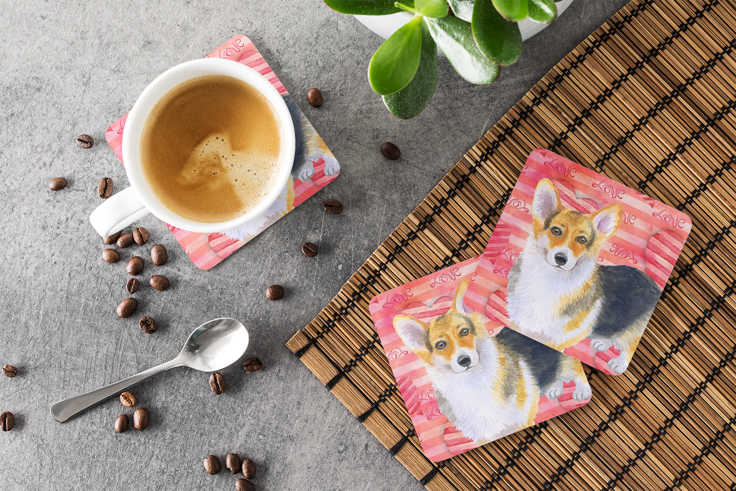 Pembroke Corgi Love Foam Coasters Set of 4 Cup Coasters for Indoor Outdoor, Tabletop Protection, Anti Slip, Mouse pad Material