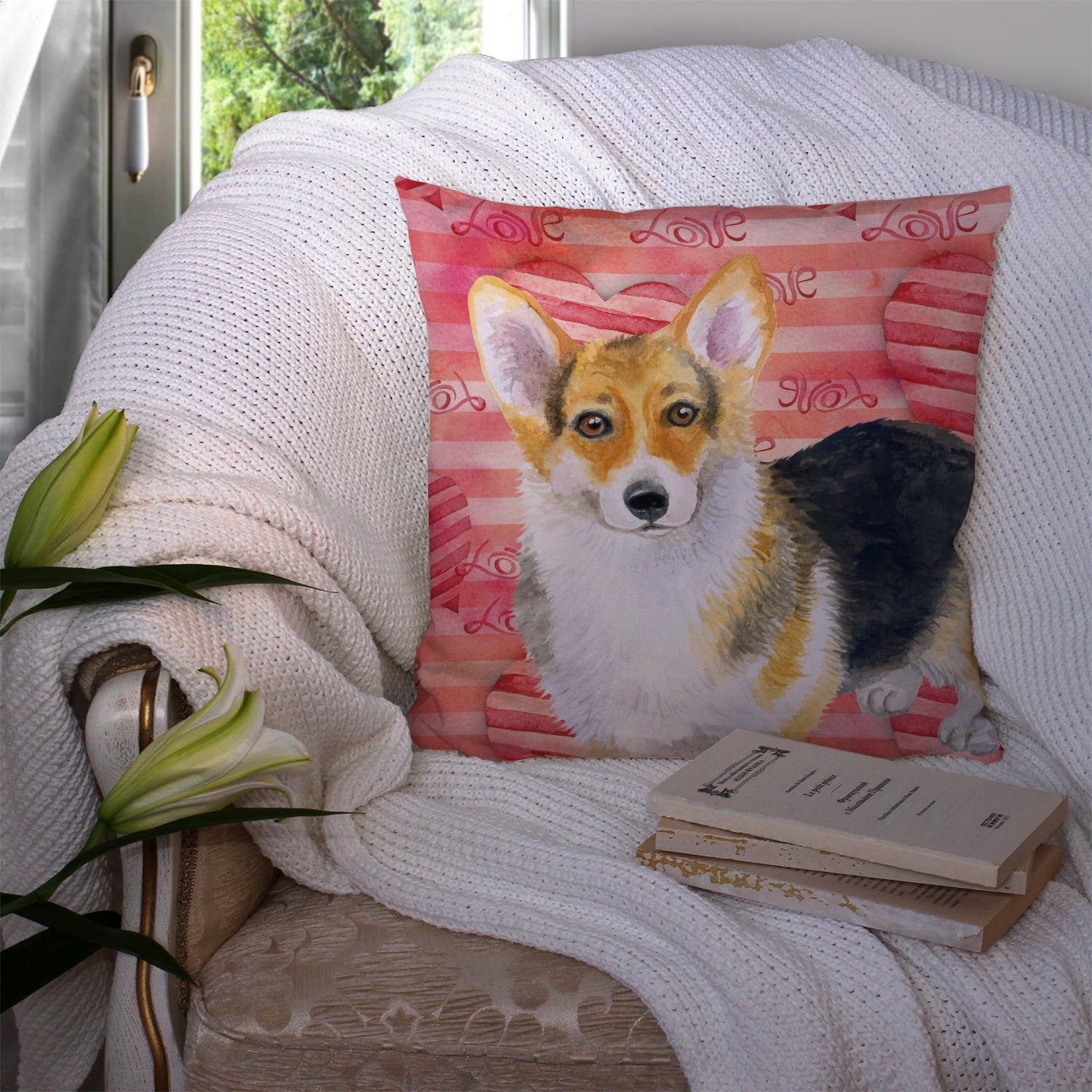 Pembroke Corgi Love Decorative Throw Pillow 14x14 Indoor Outdoor Accent Cushion, Fabric Cover with Insert for Sofa, Bed, Porch & Living Room