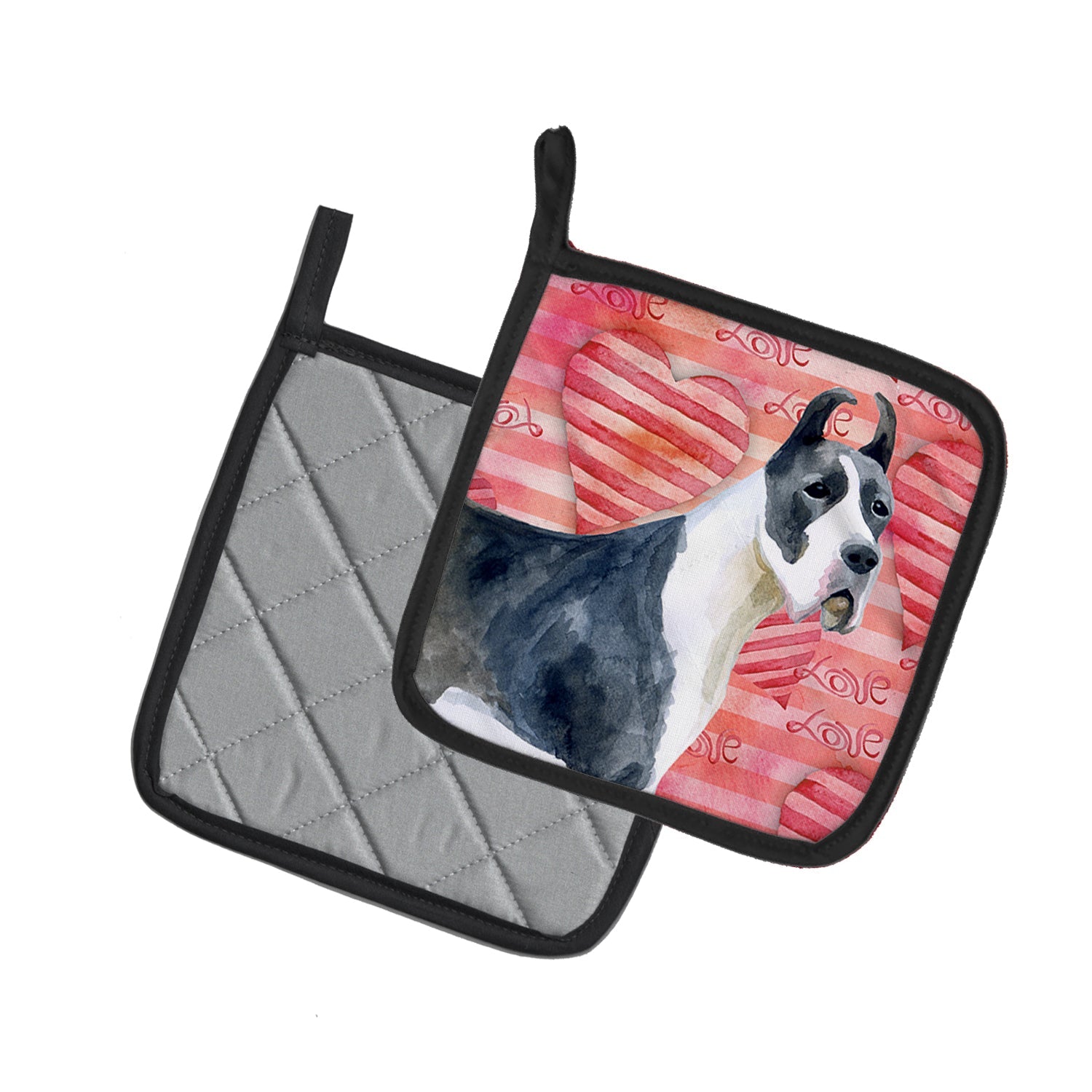 Harlequin Great Dane Love Pot Holder Set of 2 Heat Resistant Quilted Hot Pads 7.5 x 7.5 Inch, Insulated Kitchen Trivets for Cooking & Baking