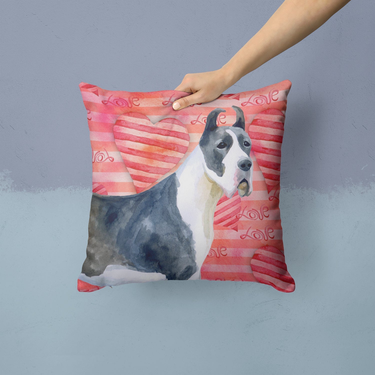 Harlequin Great Dane Love Decorative Throw Pillow 14x14 Indoor Outdoor Accent Cushion, Fabric Cover with Insert for Sofa, Bed, Porch & Living Room