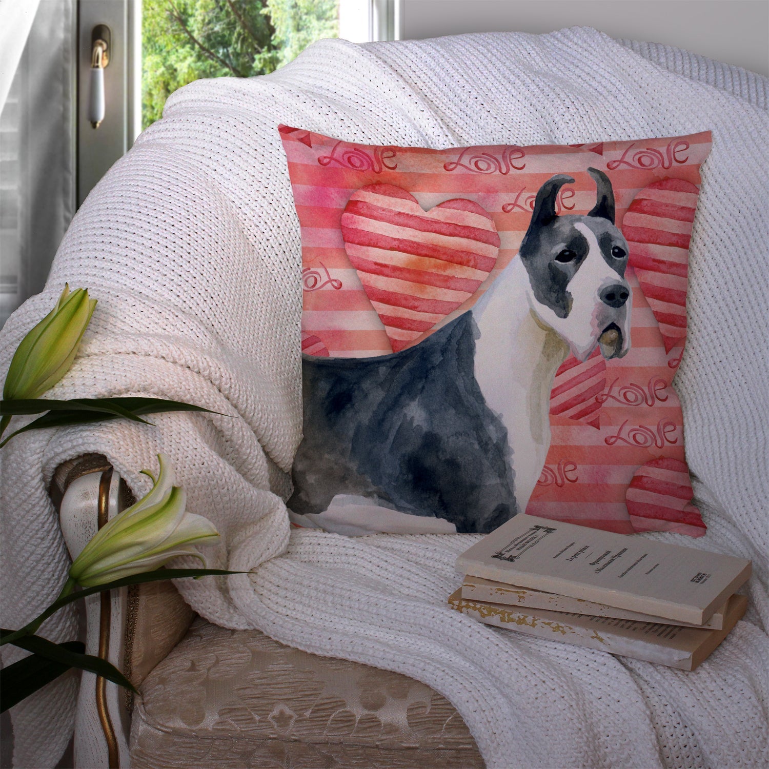 Harlequin Great Dane Love Decorative Throw Pillow 14x14 Indoor Outdoor Accent Cushion, Fabric Cover with Insert for Sofa, Bed, Porch & Living Room