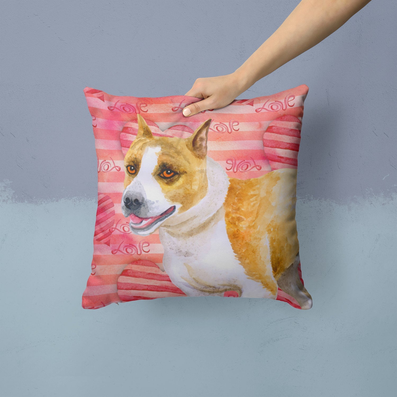 American Staffordshire Love Decorative Throw Pillow 14x14 Indoor Outdoor Accent Cushion, Fabric Cover with Insert for Sofa, Bed, Porch & Living Room