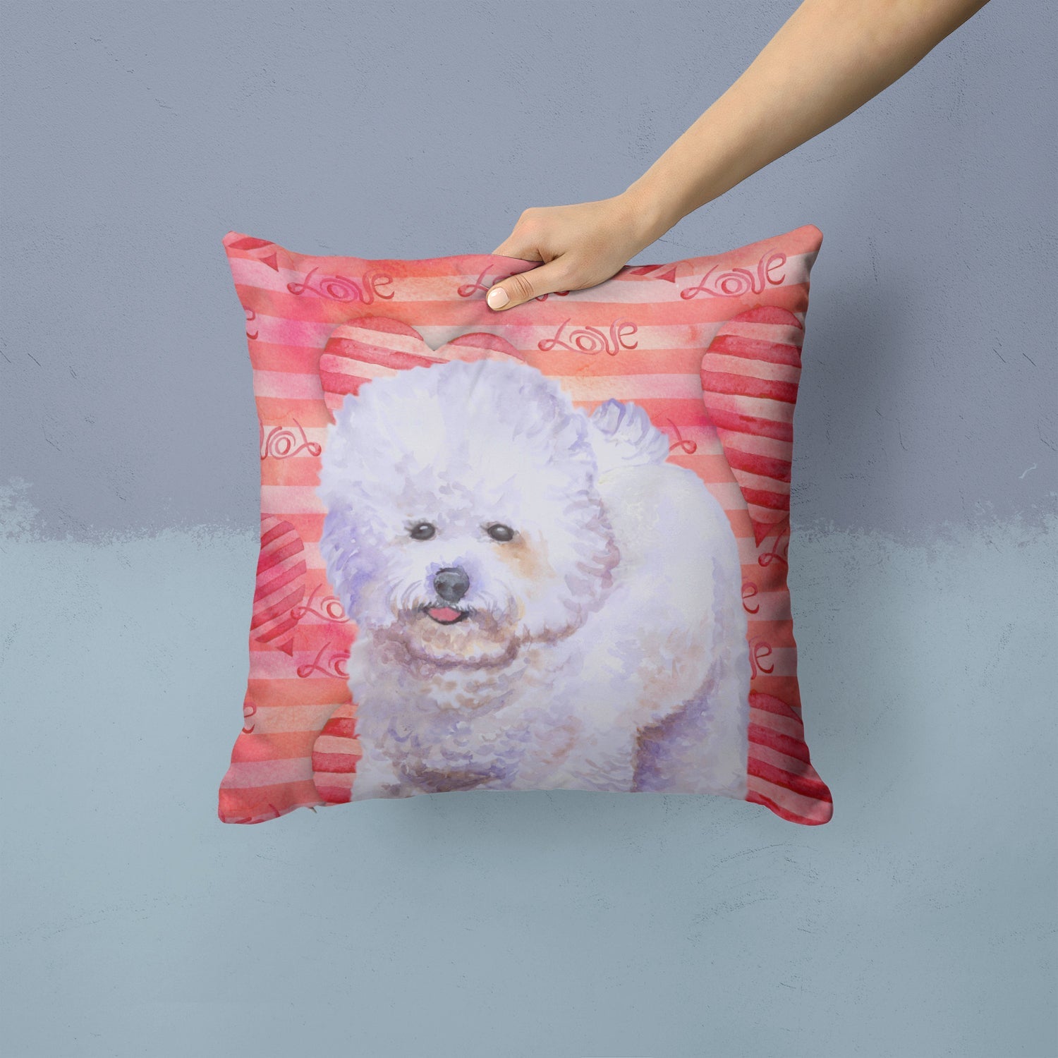 Bichon Frise Love Decorative Throw Pillow 14x14 Indoor Outdoor Accent Cushion, Fabric Cover with Insert for Sofa, Bed, Porch & Living Room