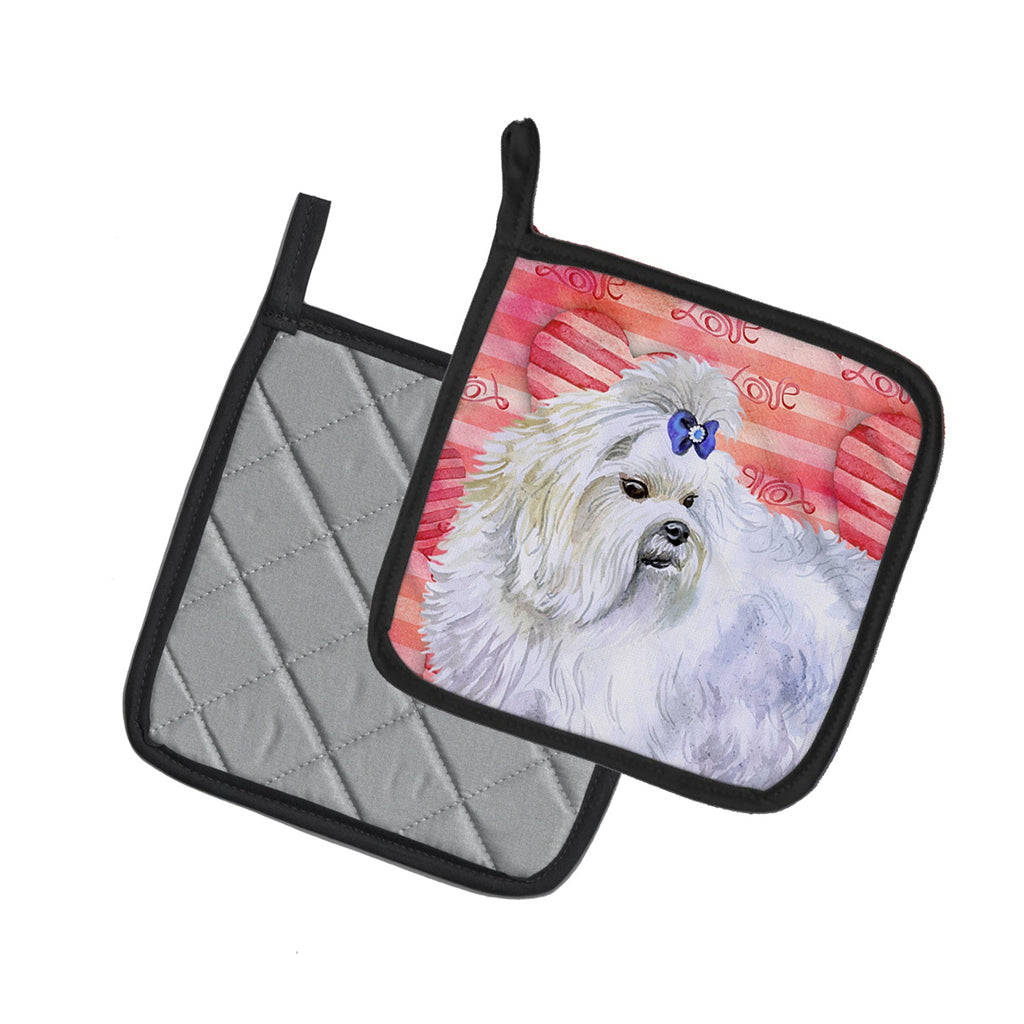 Maltese Love Pot Holder Set of 2 Heat Resistant Quilted Hot Pads 7.5 x 7.5 Inch, Insulated Kitchen Trivets for Cooking & Baking