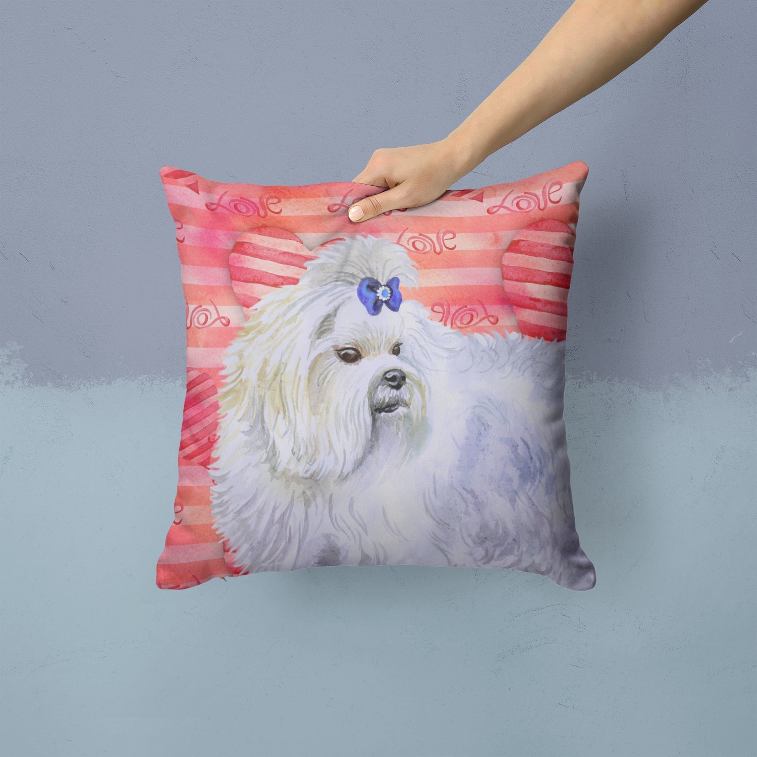 Maltese Love Decorative Throw Pillow 14x14 Indoor Outdoor Accent Cushion, Fabric Cover with Insert for Sofa, Bed, Porch & Living Room
