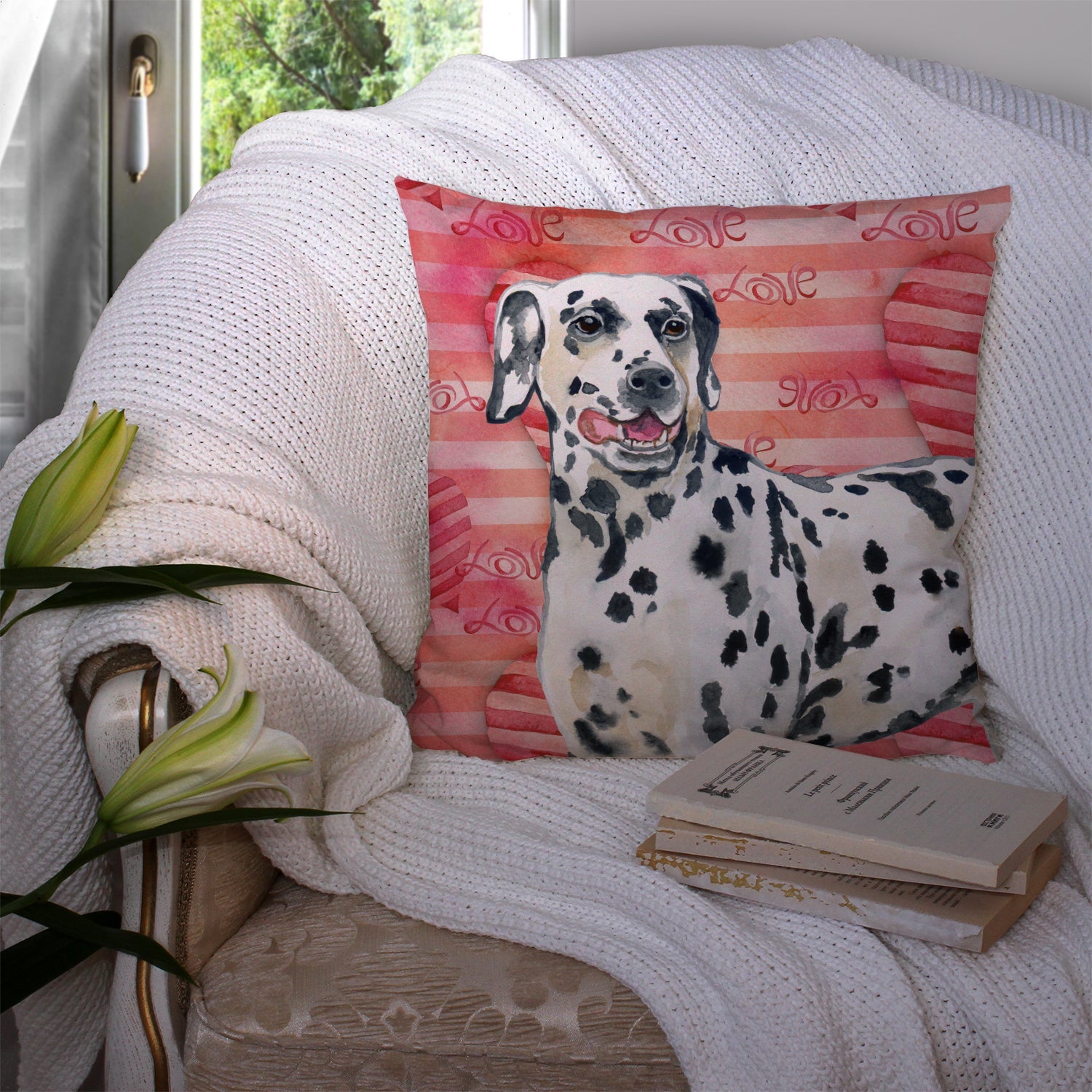 Dalmatian Love Decorative Throw Pillow 14x14 Indoor Outdoor Accent Cushion, Fabric Cover with Insert for Sofa, Bed, Porch & Living Room