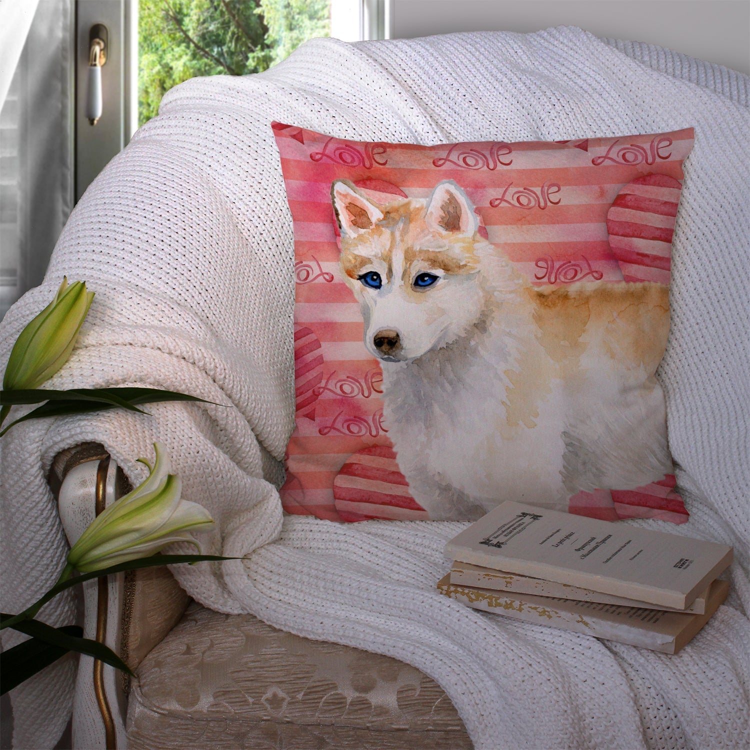 Siberian Husky Love Decorative Throw Pillow 14x14 Indoor Outdoor Accent Cushion, Fabric Cover with Insert for Sofa, Bed, Porch & Living Room