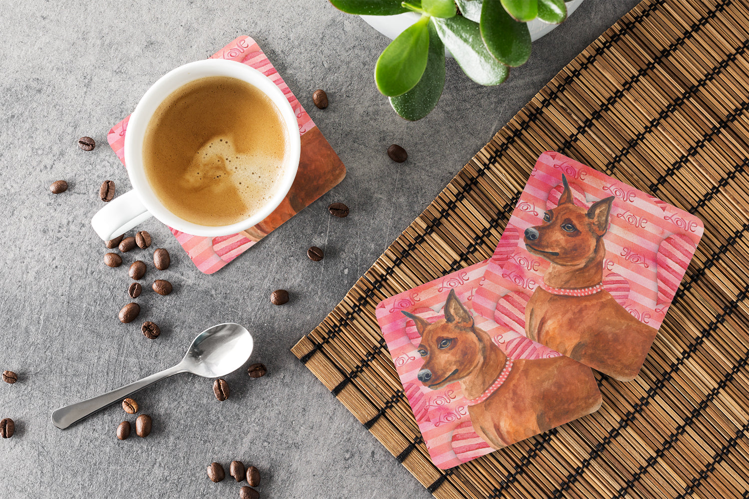 Miniature Pinscher Love Foam Coasters Set of 4 Cup Coasters for Indoor Outdoor, Tabletop Protection, Anti Slip, Mouse pad Material