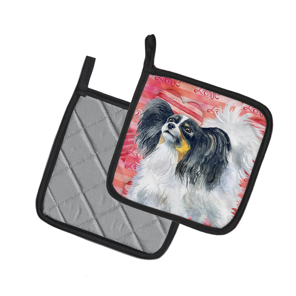 Papillon Love Pot Holder Set of 2 Heat Resistant Quilted Hot Pads 7.5 x 7.5 Inch, Insulated Kitchen Trivets for Cooking & Baking