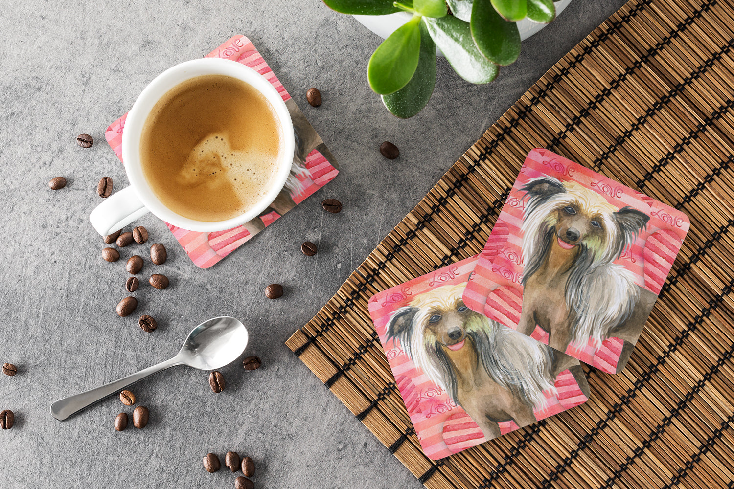 Chinese Crested Love Foam Coasters Set of 4 Cup Coasters for Indoor Outdoor, Tabletop Protection, Anti Slip, Mouse pad Material