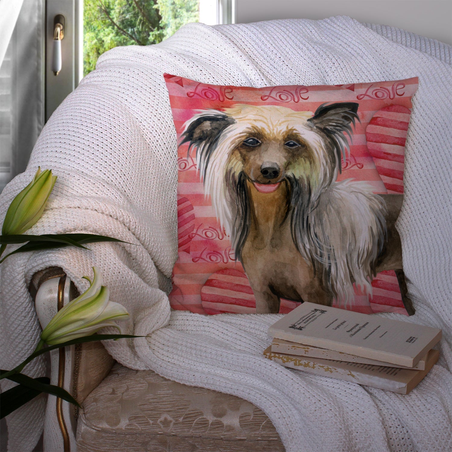 Chinese Crested Love Decorative Throw Pillow 14x14 Indoor Outdoor Accent Cushion, Fabric Cover with Insert for Sofa, Bed, Porch & Living Room