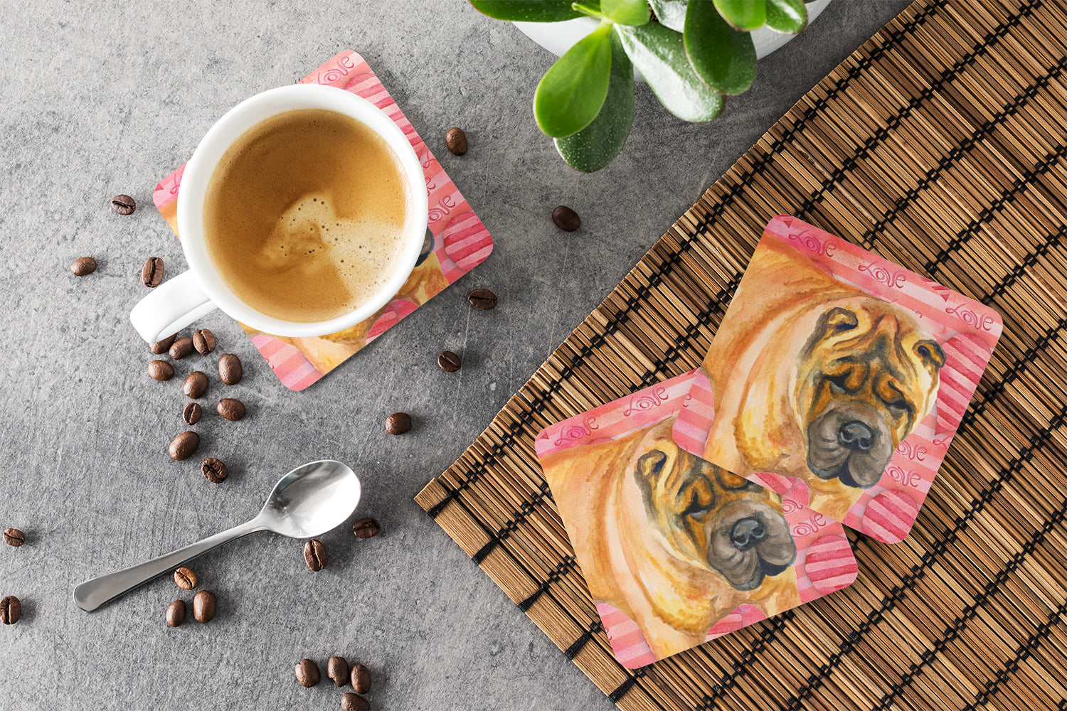 Shar Pei Love Foam Coasters Set of 4 Cup Coasters for Indoor Outdoor, Tabletop Protection, Anti Slip, Mouse pad Material