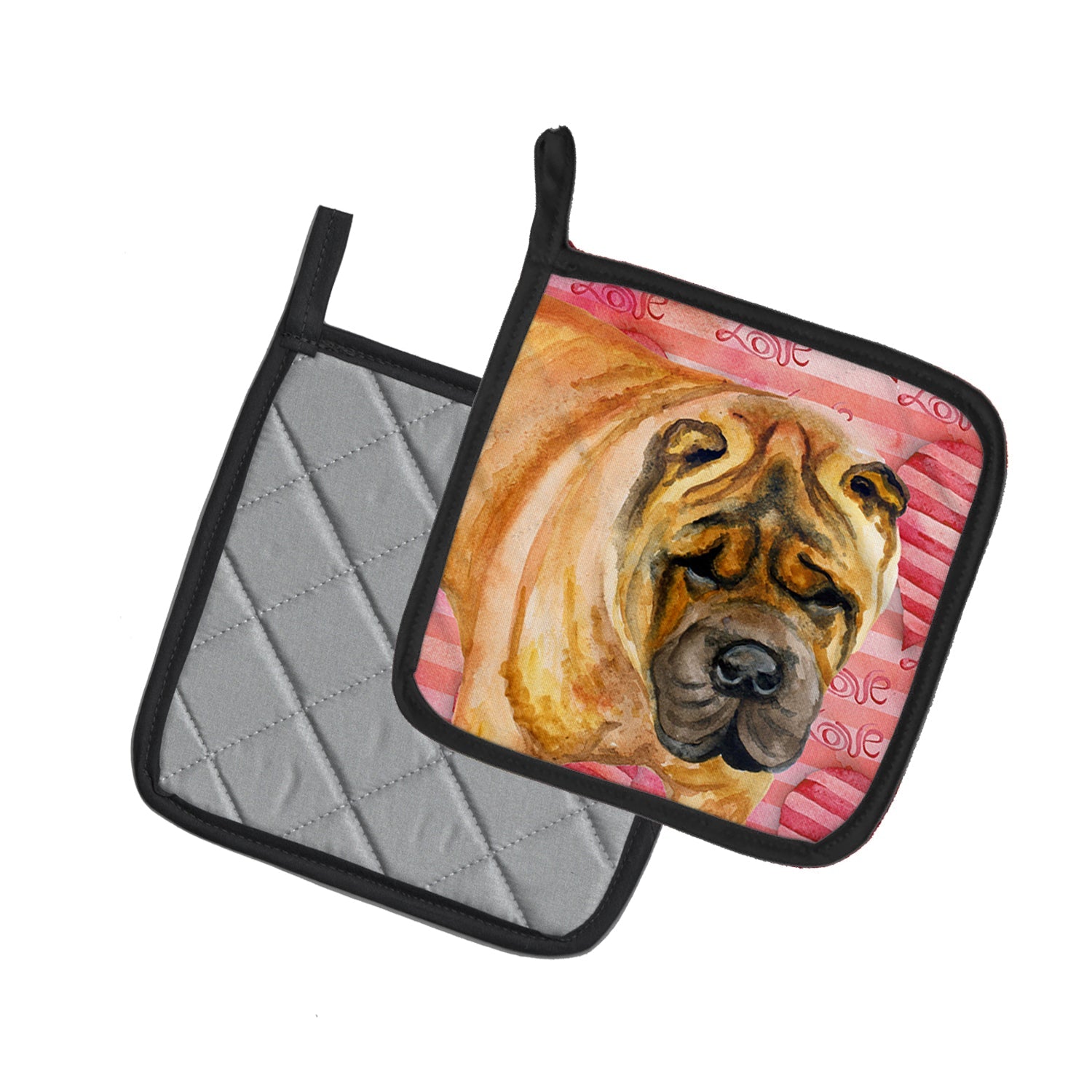Shar Pei Love Pot Holder Set of 2 Heat Resistant Quilted Hot Pads 7.5 x 7.5 Inch, Insulated Kitchen Trivets for Cooking & Baking