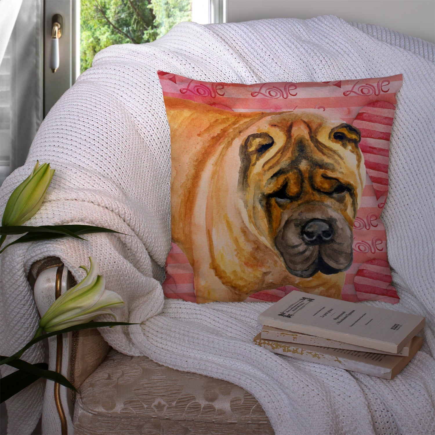 Shar Pei Love Decorative Throw Pillow 14x14 Indoor Outdoor Accent Cushion, Fabric Cover with Insert for Sofa, Bed, Porch & Living Room