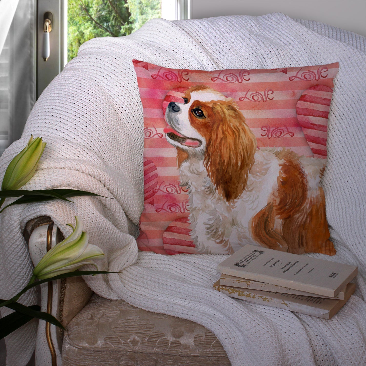 Cavalier Spaniel Love Decorative Throw Pillow 14x14 Indoor Outdoor Accent Cushion, Fabric Cover with Insert for Sofa, Bed, Porch & Living Room