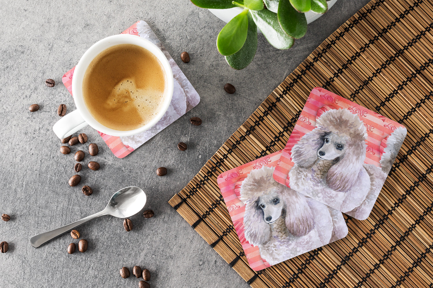 Poodle Love Foam Coasters Set of 4 Cup Coasters for Indoor Outdoor, Tabletop Protection, Anti Slip, Mouse pad Material