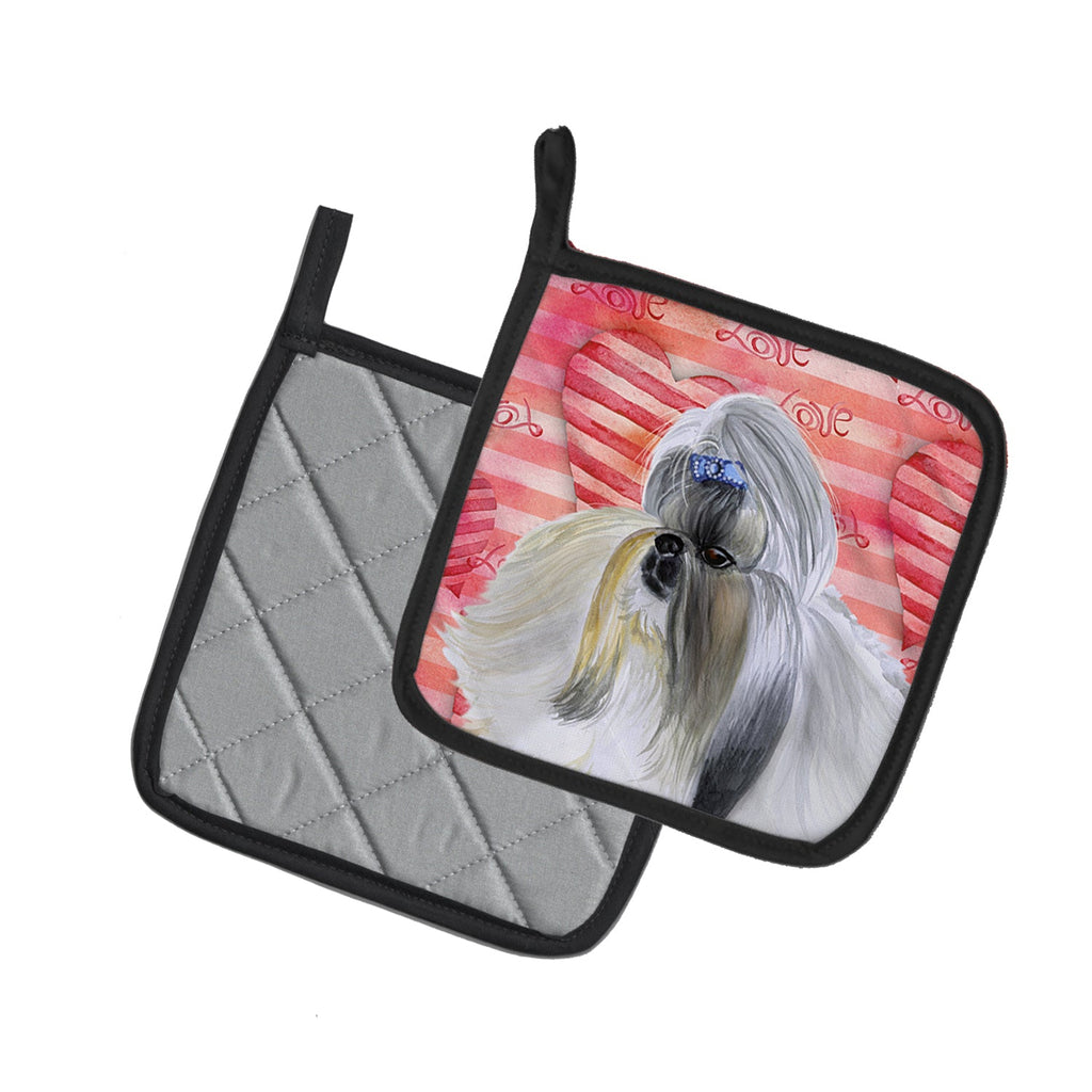 Shih Tzu Love Pot Holder Set of 2 Heat Resistant Quilted Hot Pads 7.5 x 7.5 Inch, Insulated Kitchen Trivets for Cooking & Baking