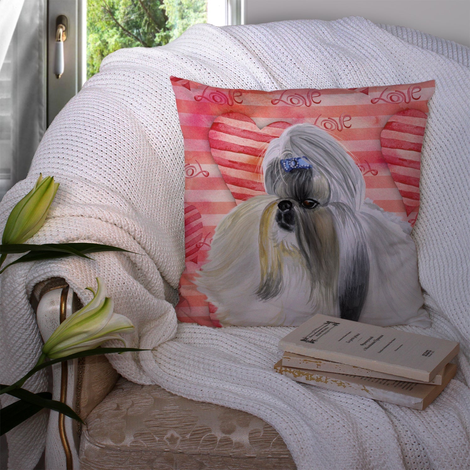 Shih Tzu Love Decorative Throw Pillow 14x14 Indoor Outdoor Accent Cushion, Fabric Cover with Insert for Sofa, Bed, Porch & Living Room