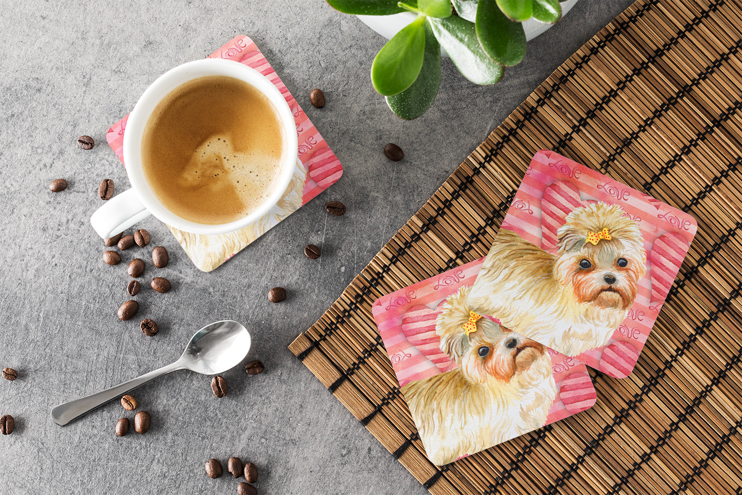 Morkie Love Foam Coasters Set of 4 Cup Coasters for Indoor Outdoor, Tabletop Protection, Anti Slip, Mouse pad Material