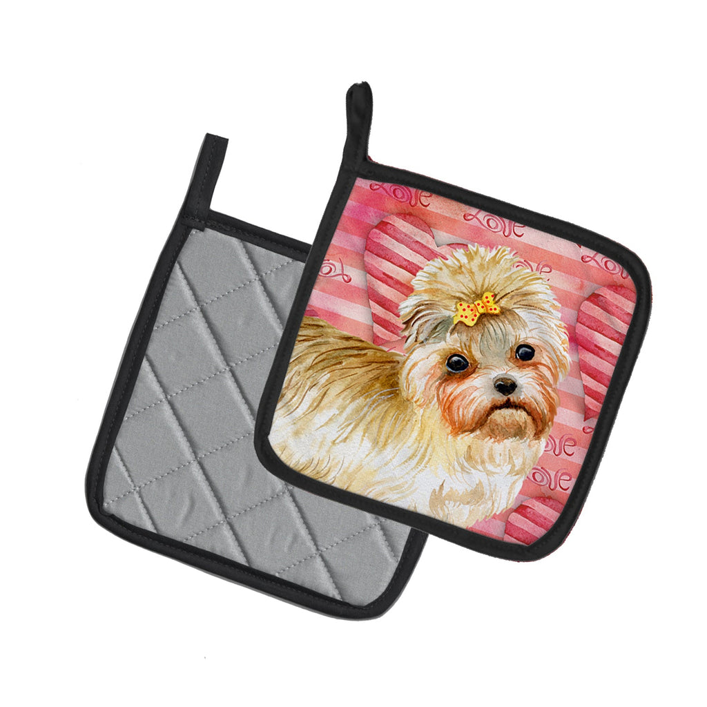 Morkie Love Pot Holder Set of 2 Heat Resistant Quilted Hot Pads 7.5 x 7.5 Inch, Insulated Kitchen Trivets for Cooking & Baking