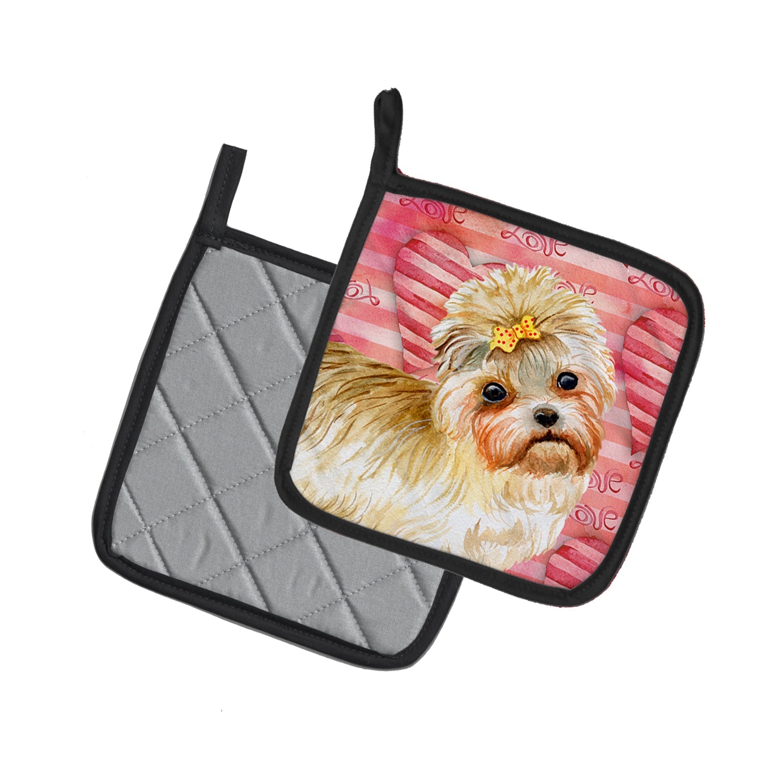 Morkie Love Pot Holder Set of 2 Heat Resistant Quilted Hot Pads 7.5 x 7.5 Inch, Insulated Kitchen Trivets for Cooking & Baking