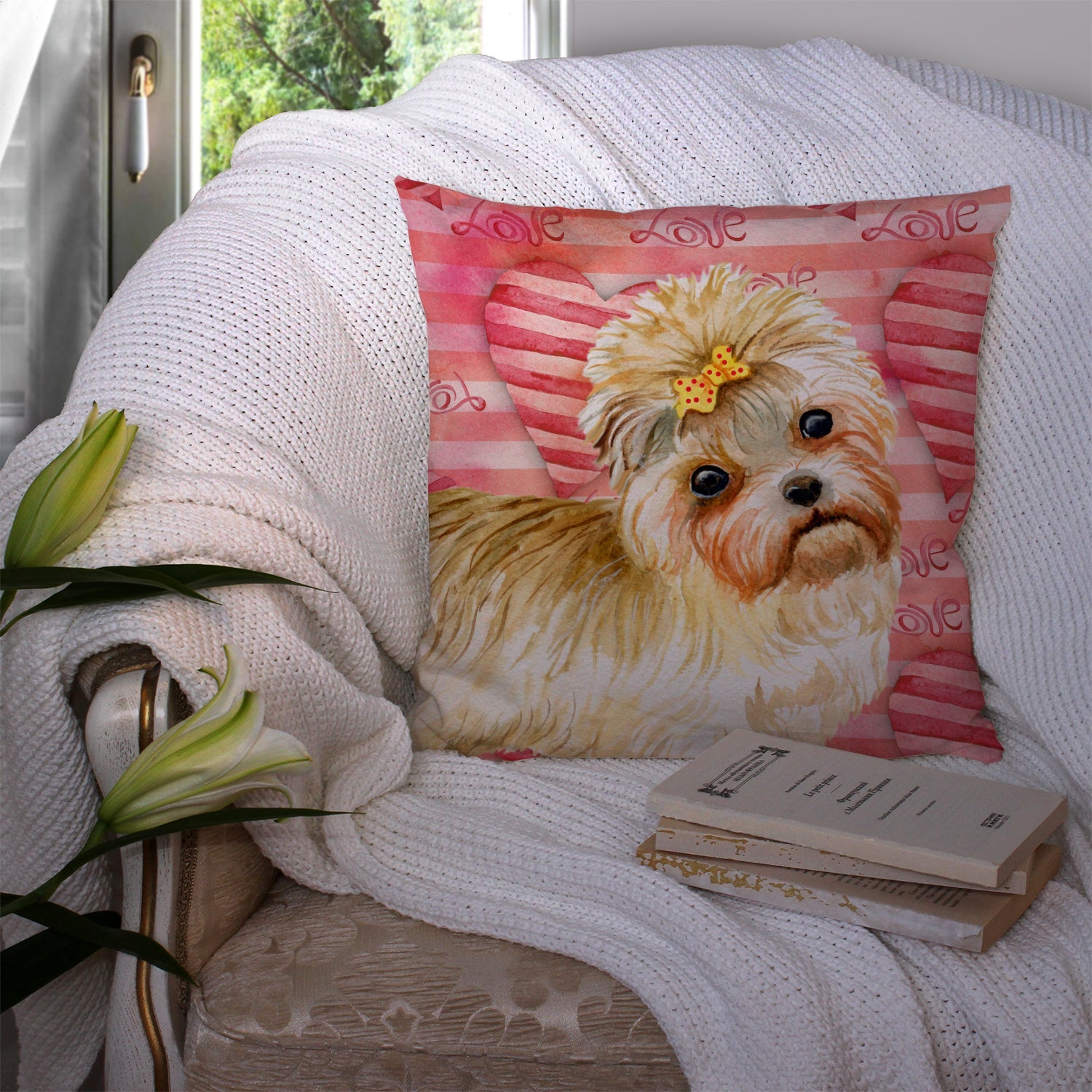 Morkie Love Decorative Throw Pillow 14x14 Indoor Outdoor Accent Cushion, Fabric Cover with Insert for Sofa, Bed, Porch & Living Room