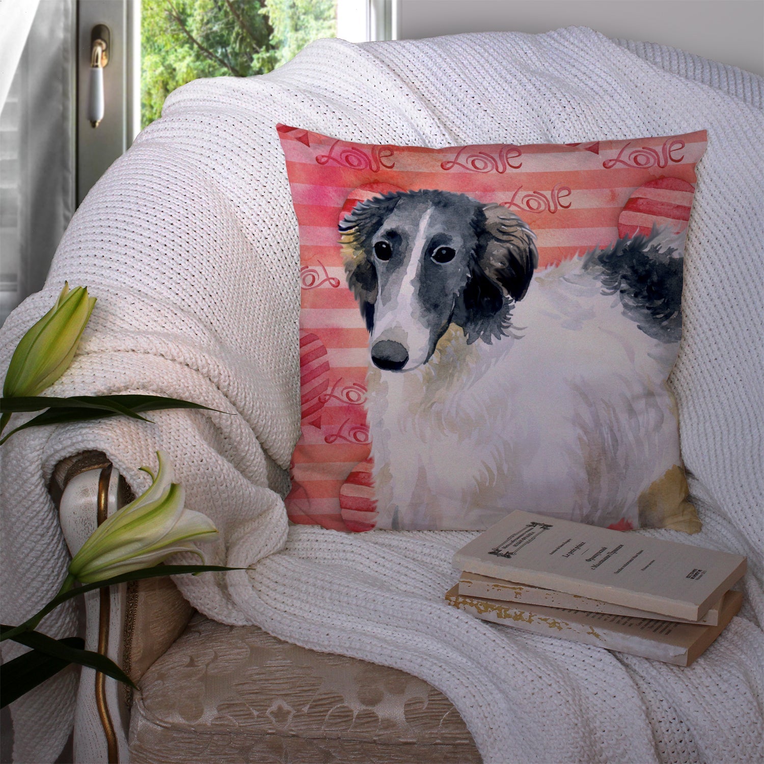Borzoi Love Decorative Throw Pillow 14x14 Indoor Outdoor Accent Cushion, Fabric Cover with Insert for Sofa, Bed, Porch & Living Room