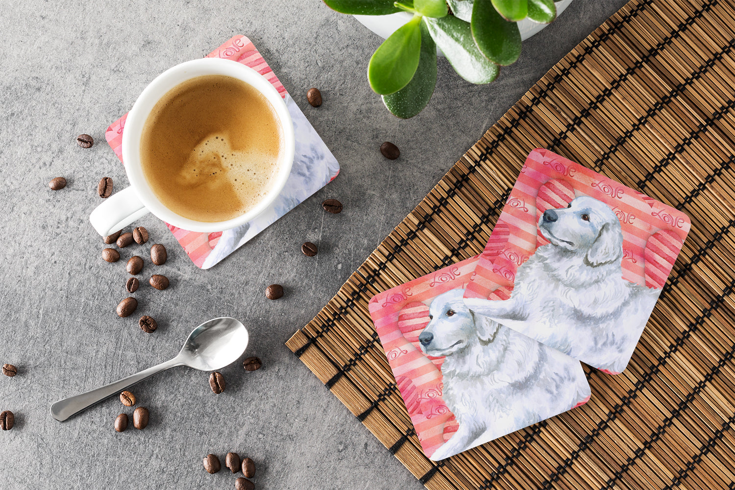 Maremma Sheepdog Love Foam Coasters Set of 4 Cup Coasters for Indoor Outdoor, Tabletop Protection, Anti Slip, Mouse pad Material
