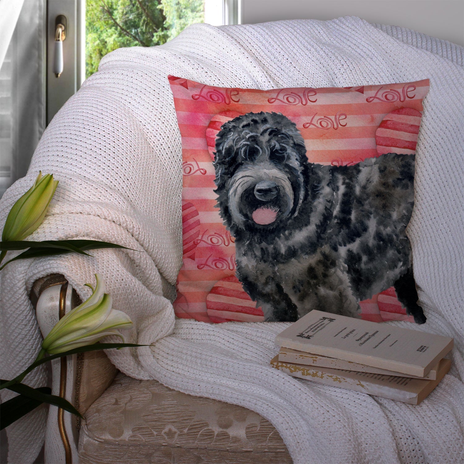 Black Russian Terrier Love Decorative Throw Pillow 14x14 Indoor Outdoor Accent Cushion, Fabric Cover with Insert for Sofa, Bed, Porch & Living Room