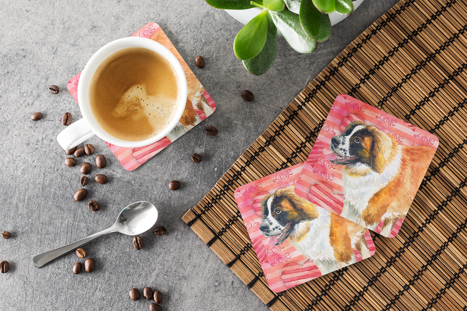 Saint Bernard Love Foam Coasters Set of 4 Cup Coasters for Indoor Outdoor, Tabletop Protection, Anti Slip, Mouse pad Material